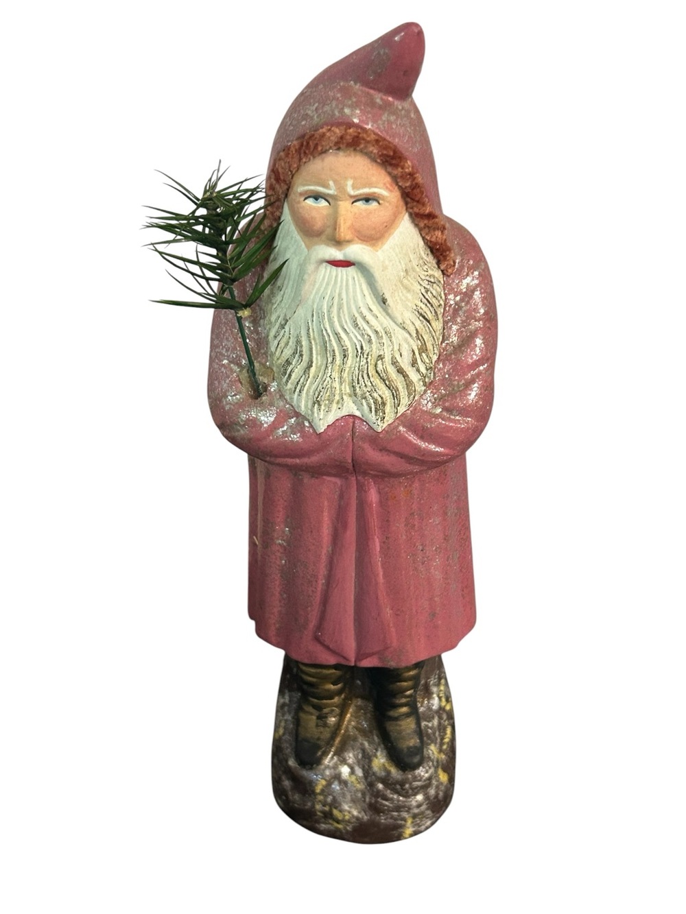 Vintage 10” Red Belsnickle Santa Claus Figure Mica Snow EUC Folk Art